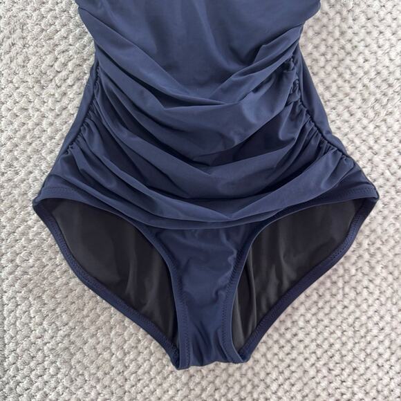 J Crew Swimsuit Women 4 Blue One Piece Plunge Ruched Swimwear Pool Beach - Picture 4 of 16